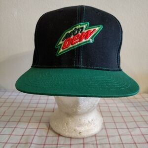 Mountain Dew Cap Hat Black Green Mens Adjustable Embroidered Flat Bill